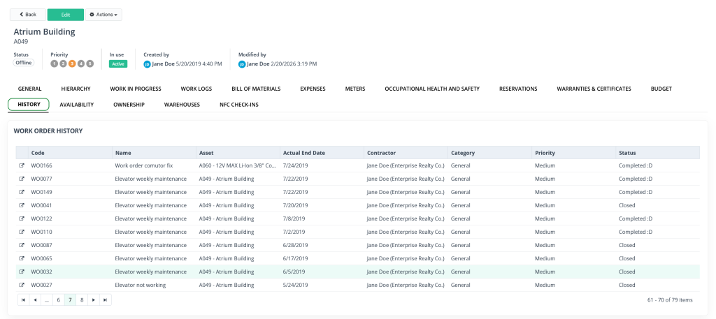 WorkTrek details in app about facility history