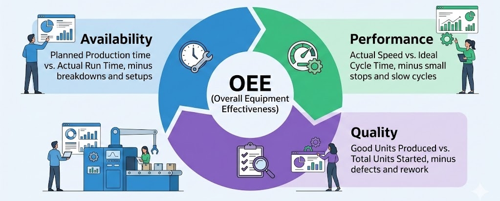 The image features a central circular diagram labeled OEE (Overall Equipment Effectiveness), split into three colored segments (blue, green, and purple), each representing a core metric. Each section includes a flat-style illustration of workers interacting with machinery and data dashboards:

    Availability (Blue): Shows a clock and wrench icon. Text explains it as "Planned Production time vs. Actual Run Time, minus breakdowns and setups."

    Performance (Green): Shows a speedometer and gear icon. Text defines it as "Actual Speed vs. Ideal Cycle Time, minus small stops and slow cycles."

    Quality (Purple): Shows a checklist and magnifying glass icon. Text describes it as "Good Units Produced vs. Total Units Started, minus defects and rework."