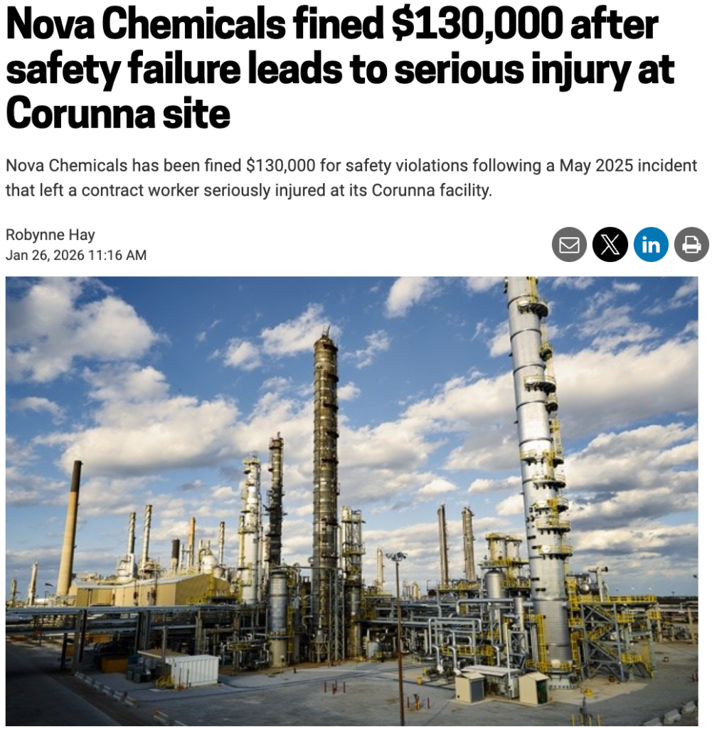Nova Chemicals fined $130,000 after safety failure leads to serious injury at Corunna site news article headline