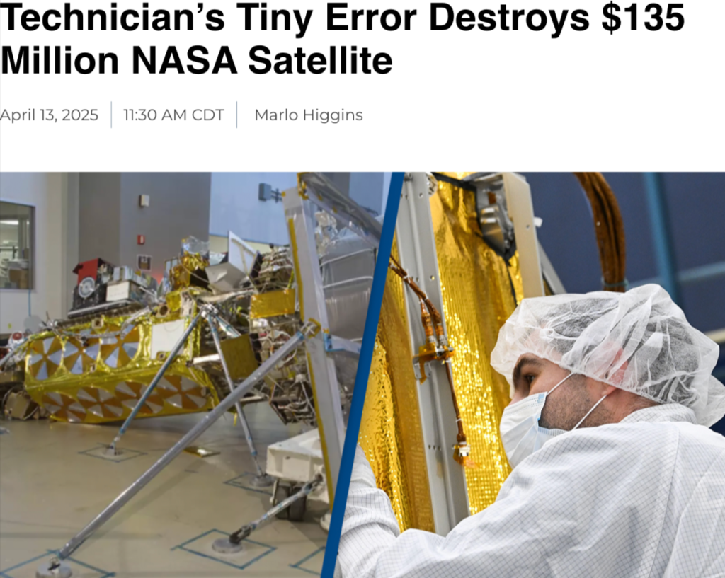 Technician’s Tiny Error Destroys $135 Million NASA Satellite news article headline