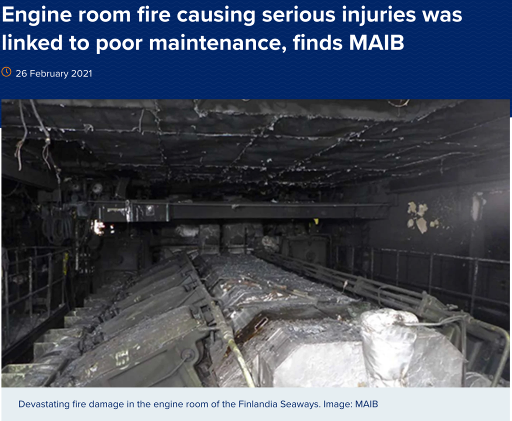 Engine room fire causing serious injuries was linked to poor maintenance, finds MAIB news article headline