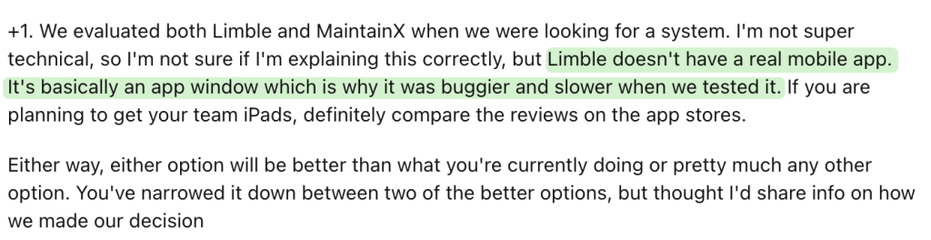 Limble CMMS user review on Reddit