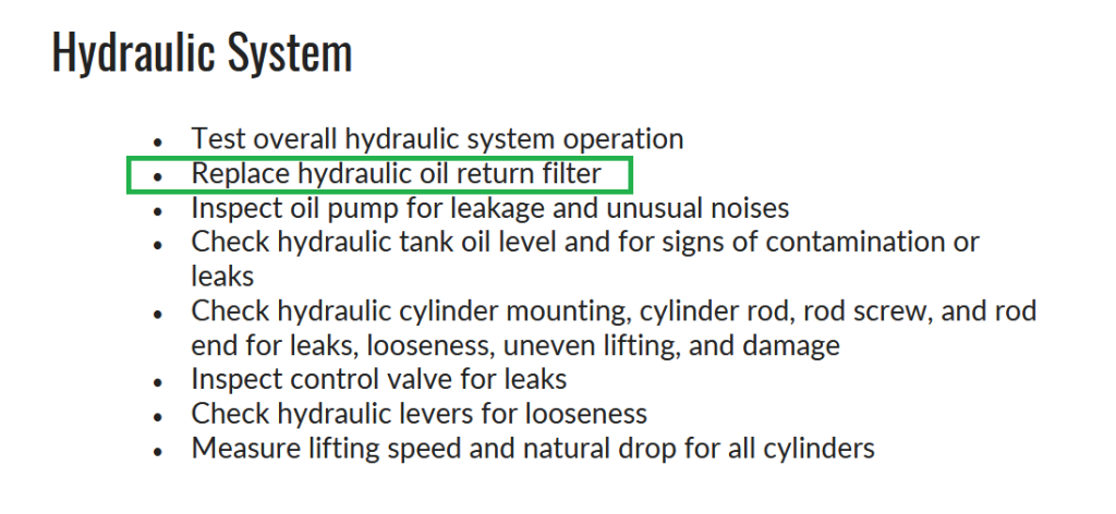 Hydraulic system maintenance checklist including inspection steps and filter replacement tasks