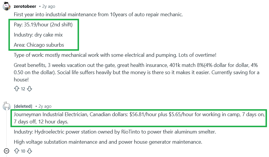 Example of technician salary Reddit discussion showing hourly pay and industry details from real user experience