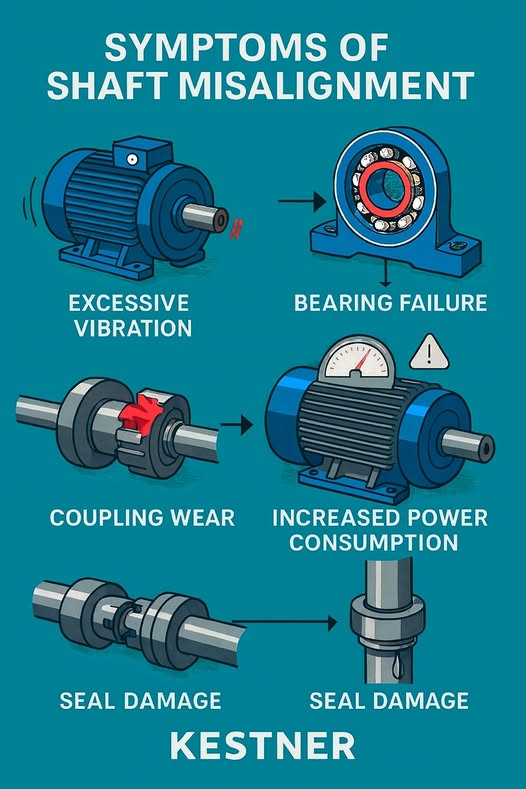 Infographic showing symptoms of shaft misalignment including vibration bearing failure and increased power consumption