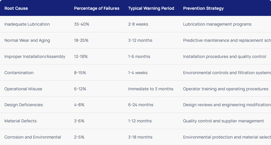 Common root causes of equipment failures, their percentage, warning periods, and recommended prevention strategies table