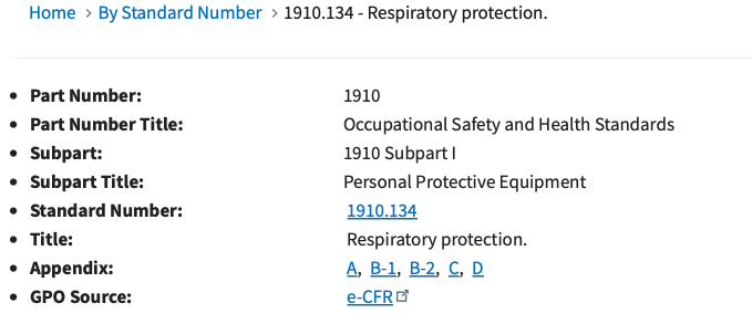 OSHA respiratory protection standard 1910.134 compliance information page