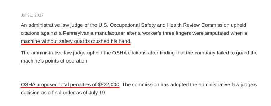 OSHA citation case involving machine safety guard violations and workplace injury