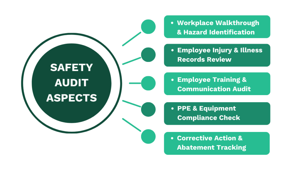 Safety audit aspects including hazard identification PPE checks and corrective action tracking