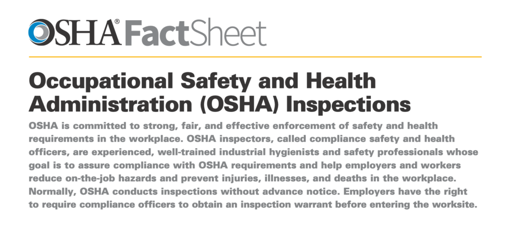 OSHA fact sheet explaining workplace safety and health inspections