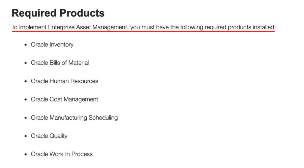 Oracle enterprise asset management required products