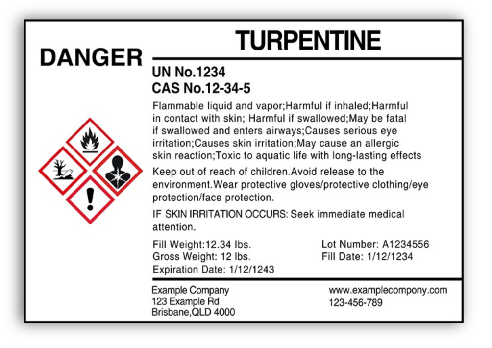 Example OSHA hazard communication chemical label for turpentine container