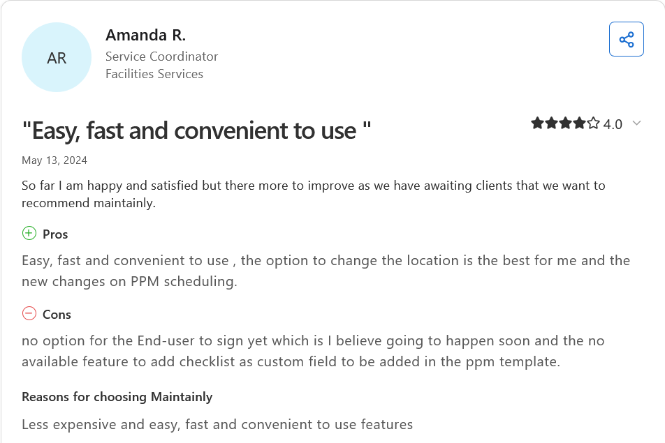 Maintainly software user review on Capterra