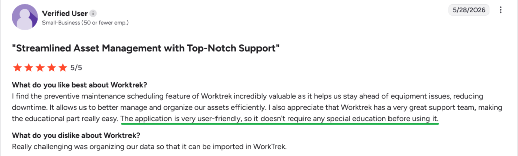 WorkTrek review on G2 highlighting ease of use and support