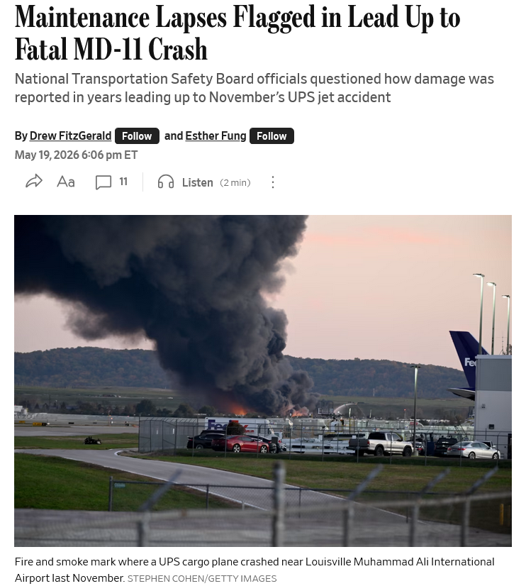 Maintenance Lapses Flagged in Lead Up to Fatal MD-11 Crash news article headline