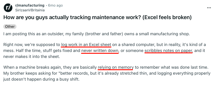 Why manual maintenance tracking creates data gaps and operational inefficiencies Reddit thread 