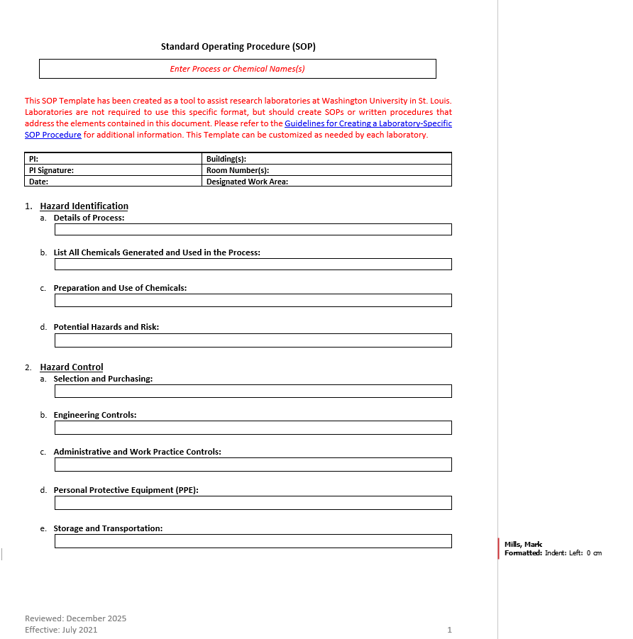 Example of a standard operating procedure (SOP) template for maintenance documentation