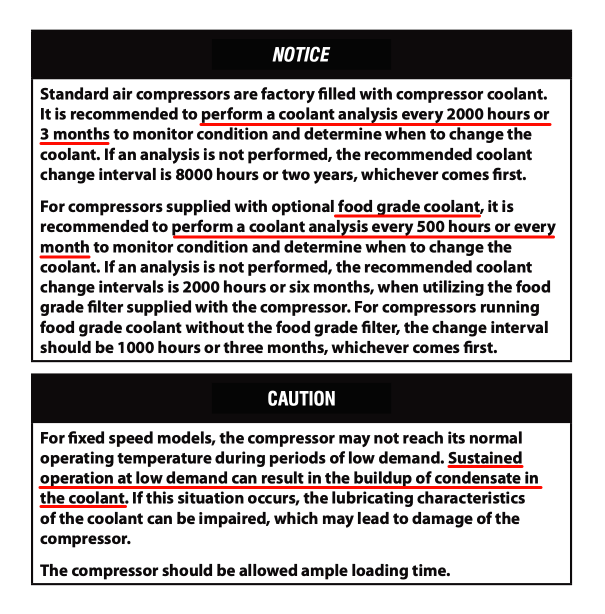 Compressor maintenance guidance covering coolant-analysis intervals, coolant-change schedules, and the risk of condensate build-up during sustained low-demand operation