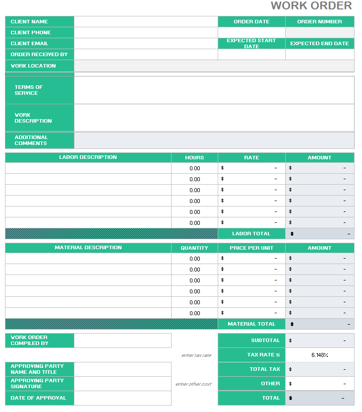 Basic spreadsheet work order template