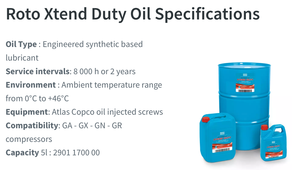 Roto Xtend Duty Oil specifications, including synthetic lubricant type, 8,000-hour/2-year service interval, operating temperature range, compatible Atlas Copco compressors, and product capacity