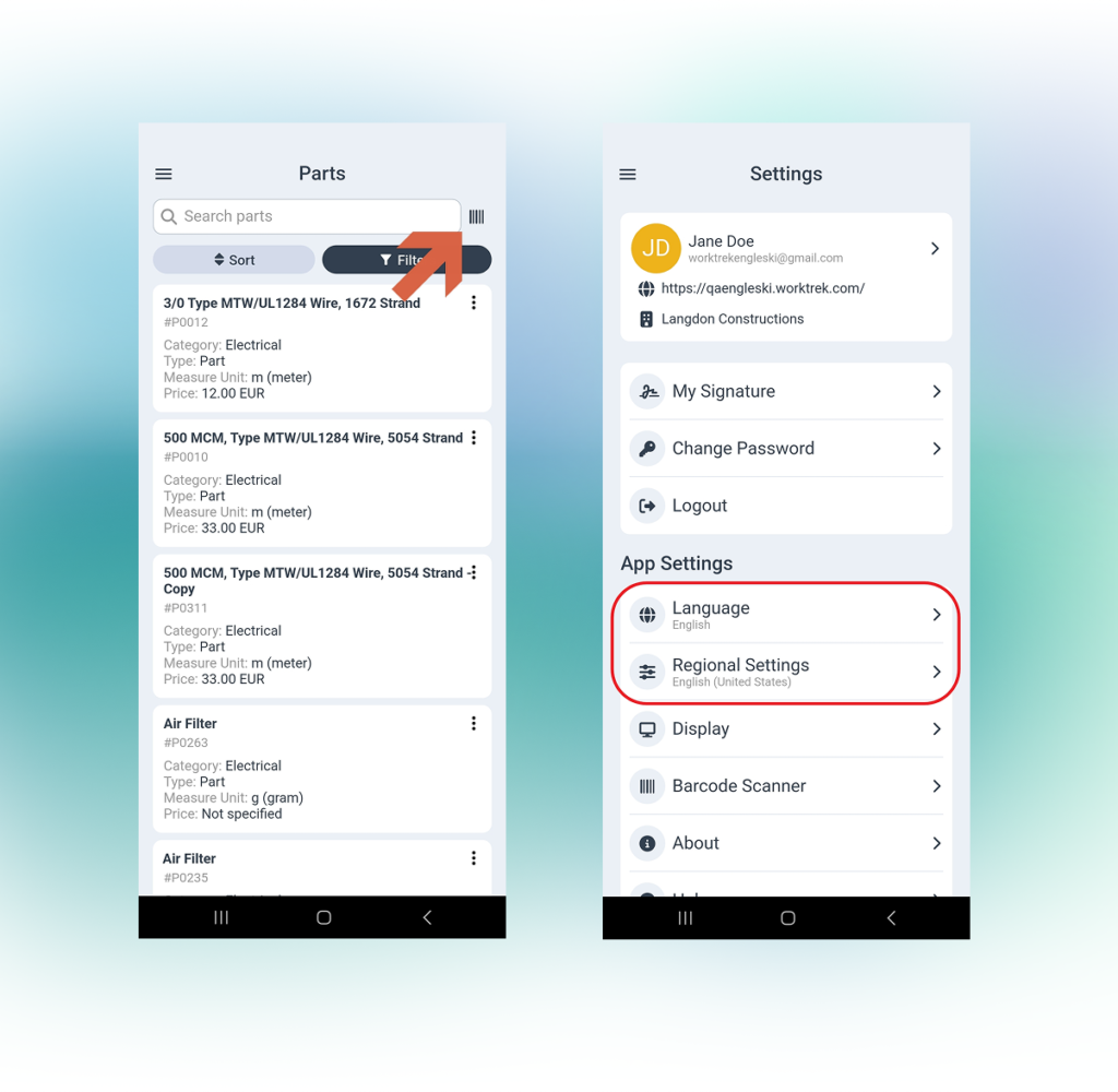 Worktrek screenshots of mobile app Parts & Settings