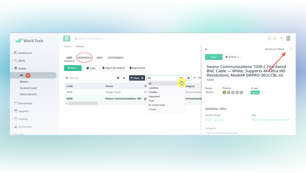 WorkTrek screenshot of Assets