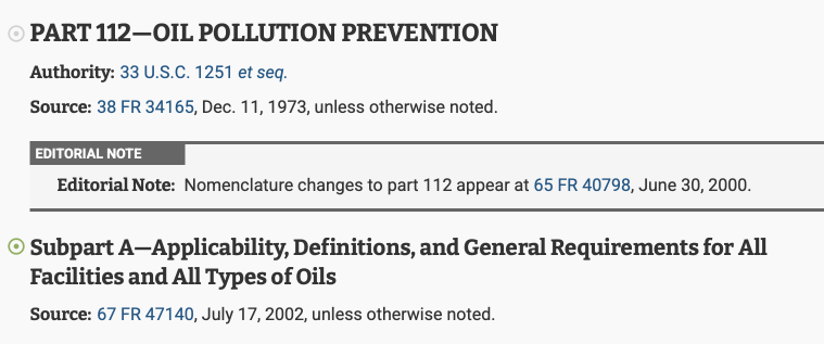 Regulatory source showing the federal oil pollution prevention requirements under 40 CFR Part 112