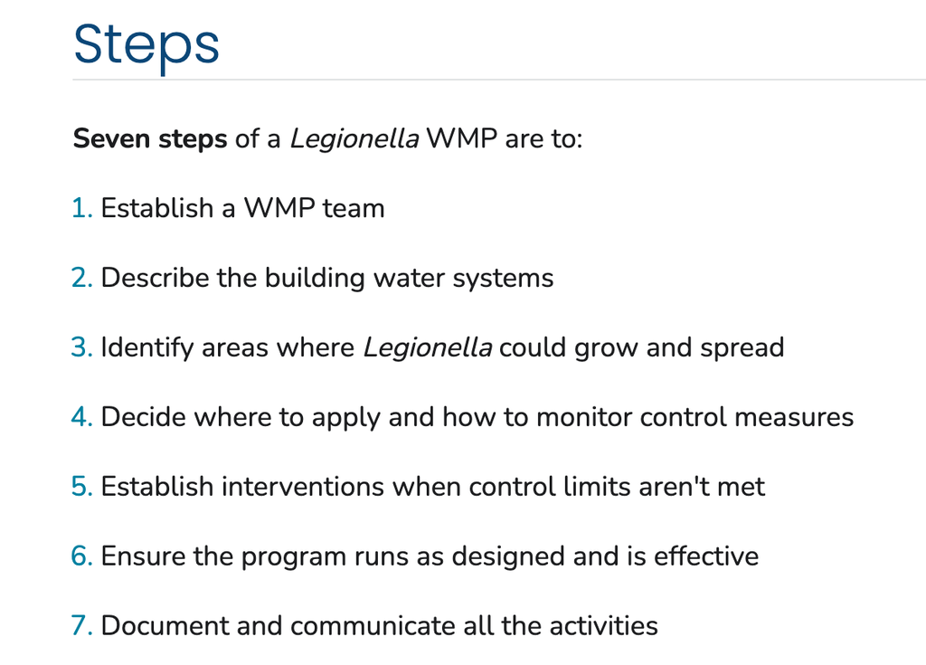 Seven-step Legionella Water Management Program (WMP) process, covering team formation, water-system assessment, risk identification, control measures, interventions, program verification, and documentation