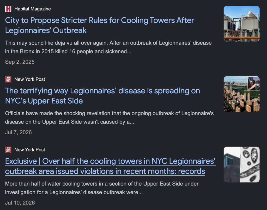 Search results and news headlines about cooling towers and Legionnaires’ disease outbreaks in New York City